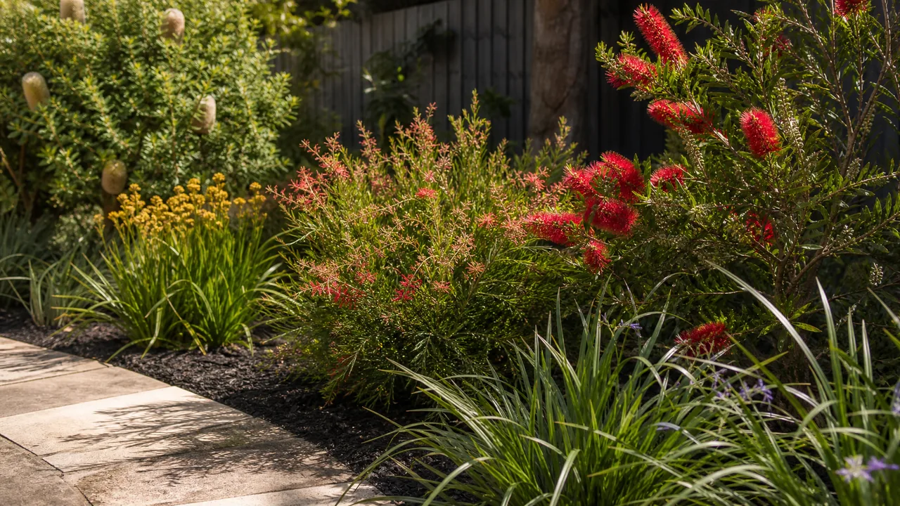 A low-maintenance Central Coast native garden bed with flowering grevillea, red bottlebrush, kangaroo paw and strappy lomandra in mulch